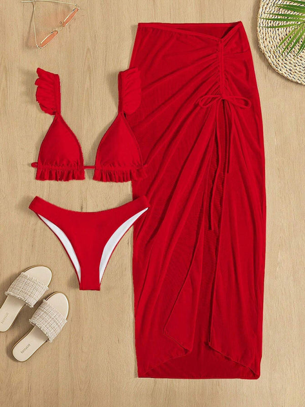 Ruffled Halter Style Bikini with Slit Skirt Cover Up