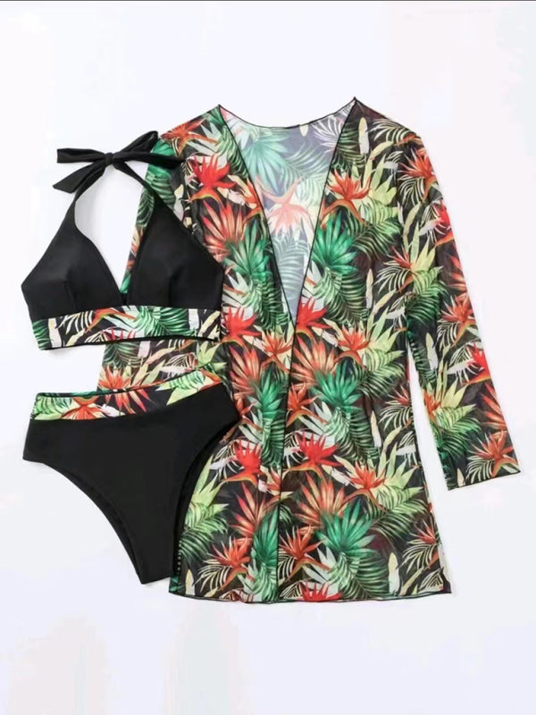 Push-up Split Printed Mesh Three-piece Bikini Set