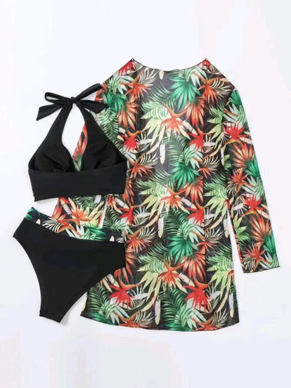 Push-up Split Printed Mesh Three-piece Bikini Set