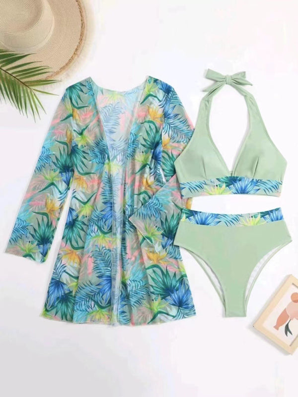 Push-up Split Printed Mesh Three-piece Bikini Set