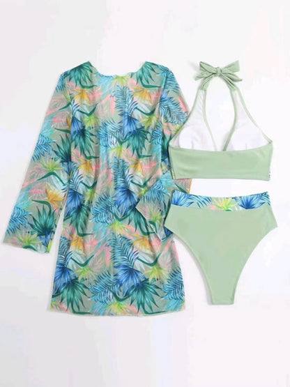 Push-up Split Printed Mesh Three-piece Bikini Set