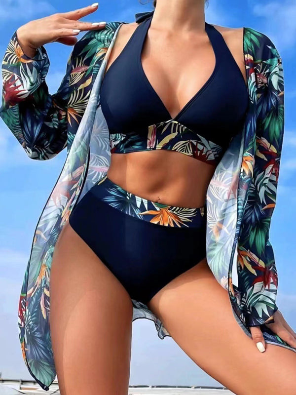 Push-up Split Printed Mesh Three-piece Bikini Set