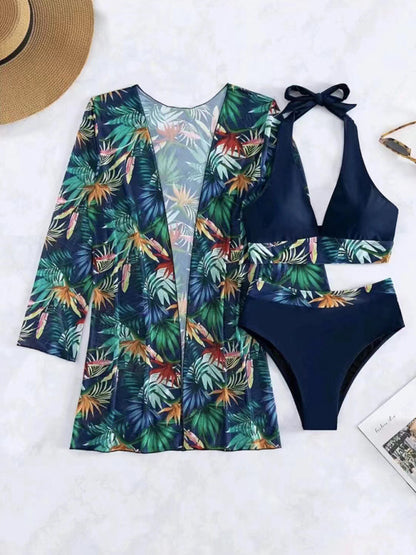 Push-up Split Printed Mesh Three-piece Bikini Set