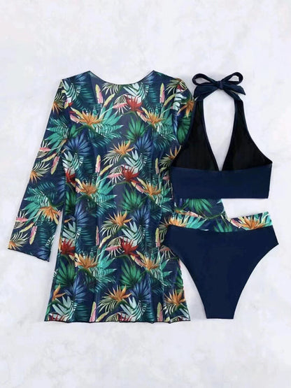 Push-up Split Printed Mesh Three-piece Bikini Set