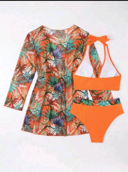 Push-up Split Printed Mesh Three-piece Bikini Set