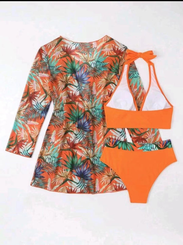 Push-up Split Printed Mesh Three-piece Bikini Set