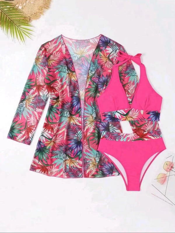 Push-up Split Printed Mesh Three-piece Bikini Set