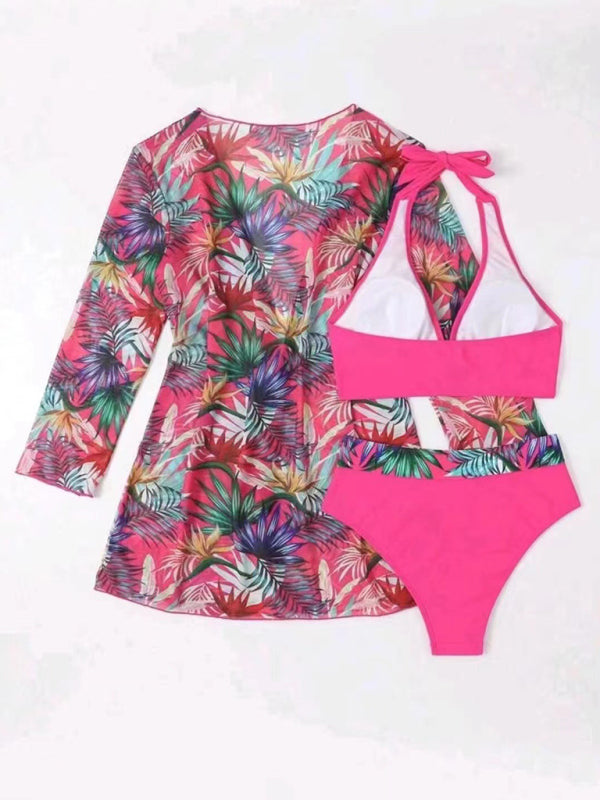 Push-up Split Printed Mesh Three-piece Bikini Set