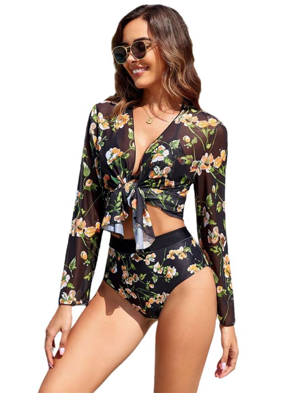 Botanical Print Lace-up Resort Three-piece Bikini Swimsuit Set