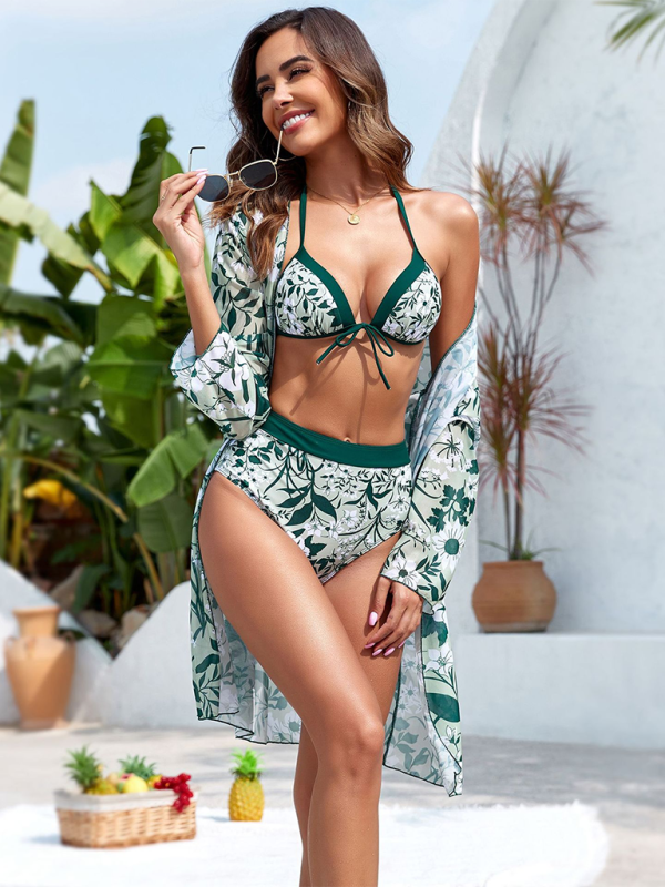 Botanical Print Lace-up Resort Three-piece Bikini Swimsuit Set