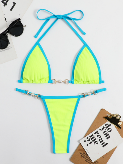 Contrast Color Piping Thong Bikini Swimsuit