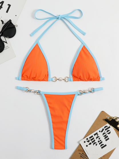 Contrast Color Piping Thong Bikini Swimsuit