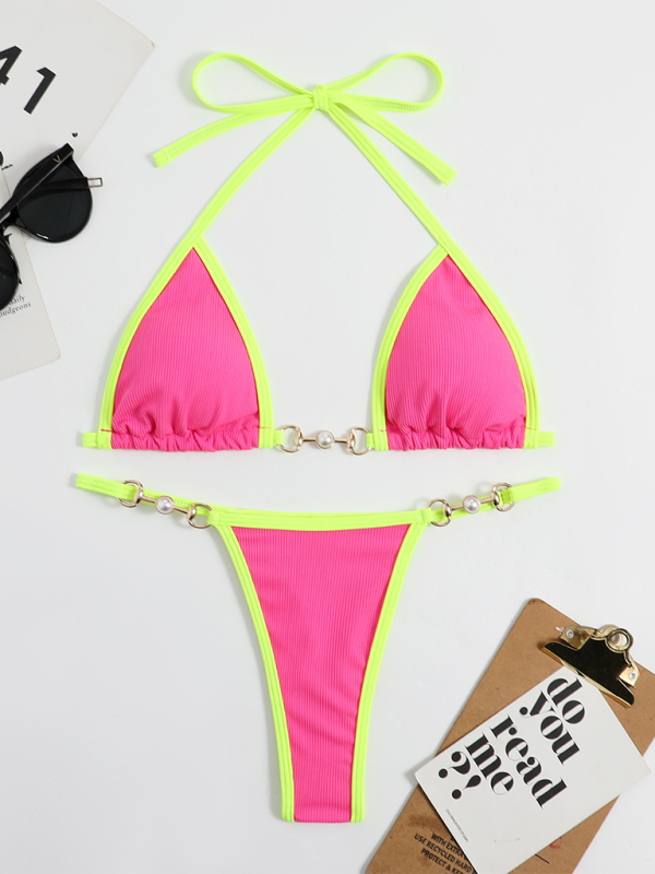 Contrast Color Piping Thong Bikini Swimsuit