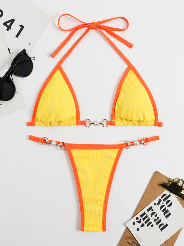 Contrast Color Piping Thong Bikini Swimsuit