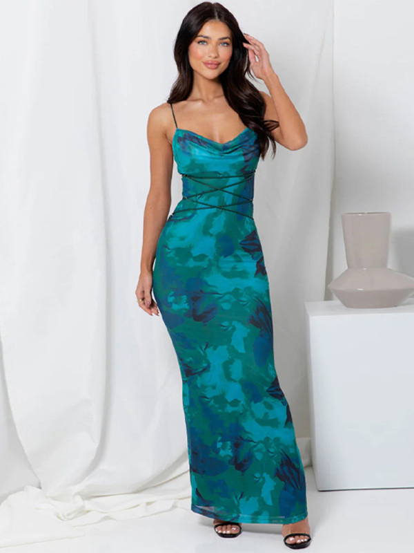 Printed Backless Strappy Slim Halter Maxi Dress