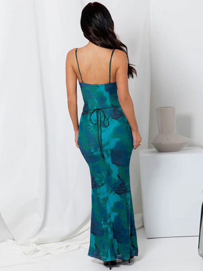 Printed Backless Strappy Slim Halter Maxi Dress