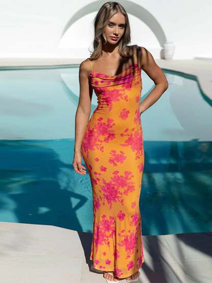 Printed Backless Strappy Slim Halter Maxi Dress