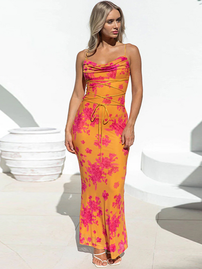 Printed Backless Strappy Slim Halter Maxi Dress