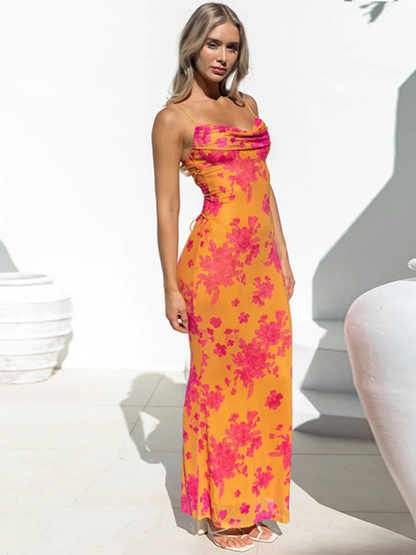 Printed Backless Strappy Slim Halter Maxi Dress