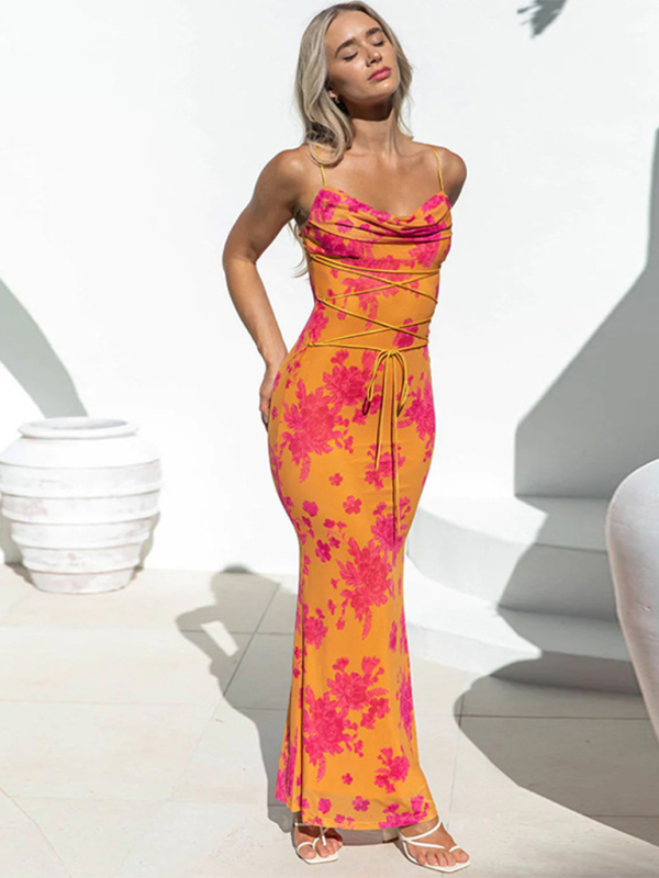 Printed Backless Strappy Slim Halter Maxi Dress