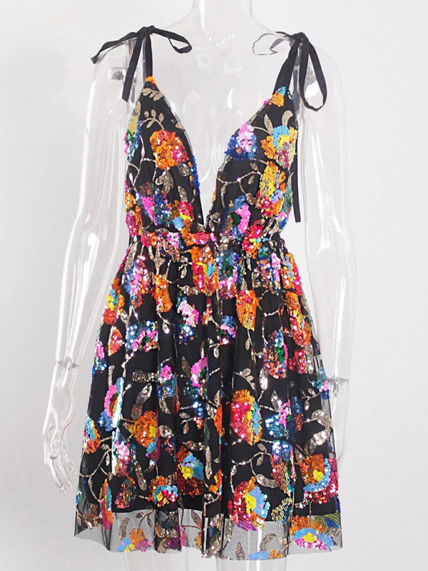 Deep-V Backless Sequin Floral Strappy Mini Dress