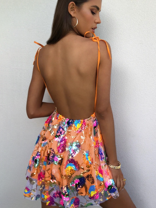 Deep-V Backless Sequin Floral Strappy Mini Dress