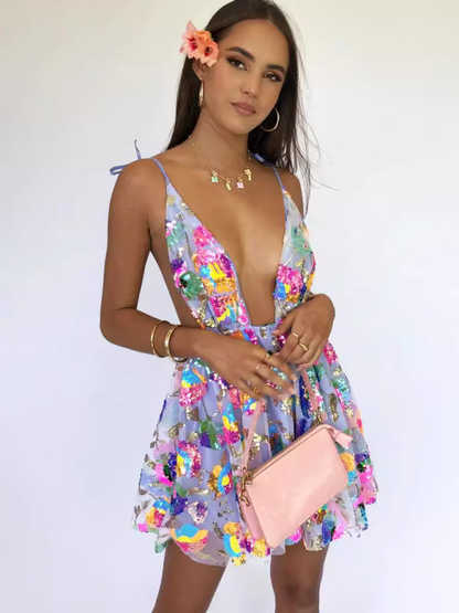 Deep-V Backless Sequin Floral Strappy Mini Dress