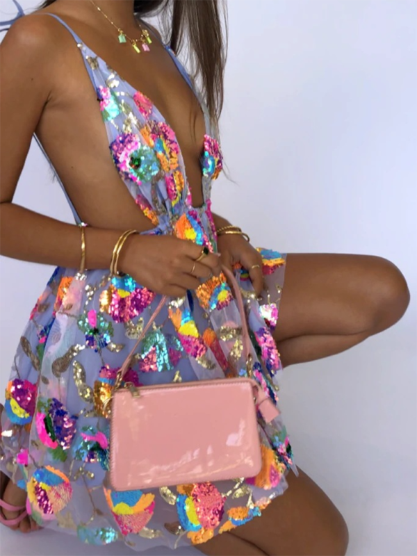 Deep-V Backless Sequin Floral Strappy Mini Dress