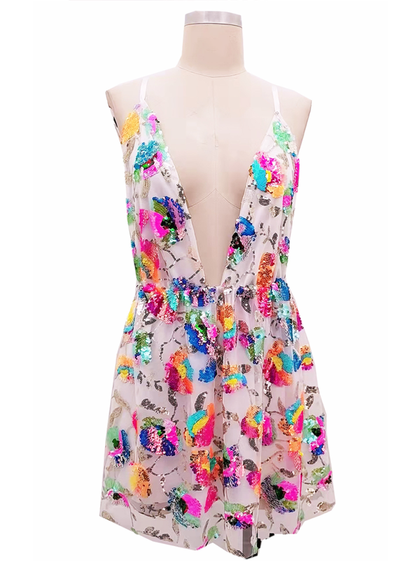 Deep-V Backless Sequin Floral Strappy Mini Dress