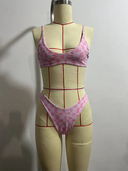 Pink Printed Sexy Vacation String Bikini Swimsuit