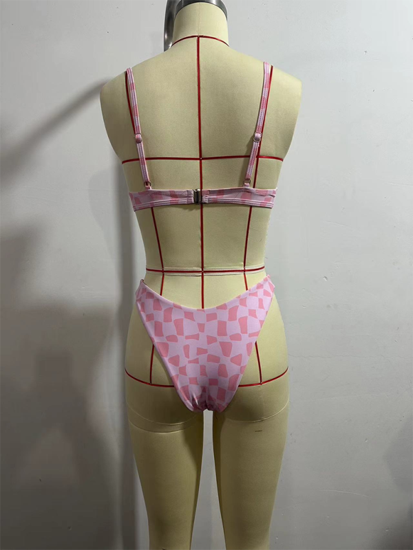 Pink Printed Sexy Vacation String Bikini Swimsuit