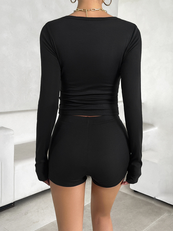 Solid Color Slim Long-sleeve Top & Fitted Short Set