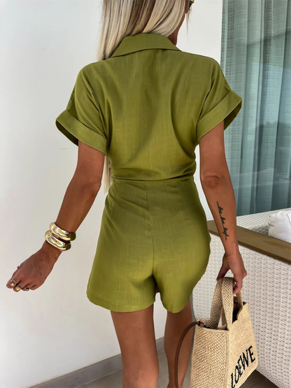 Casual Lapel Side-tie Short Sleeve Romper