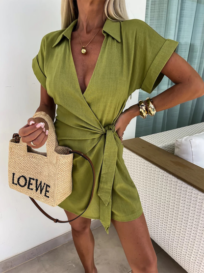 Casual Lapel Side-tie Short Sleeve Romper