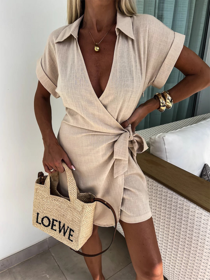 Casual Lapel Side-tie Short Sleeve Romper