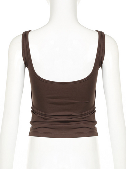 Solid Color Pleated Design Square Neck Versatile Simple Camisole