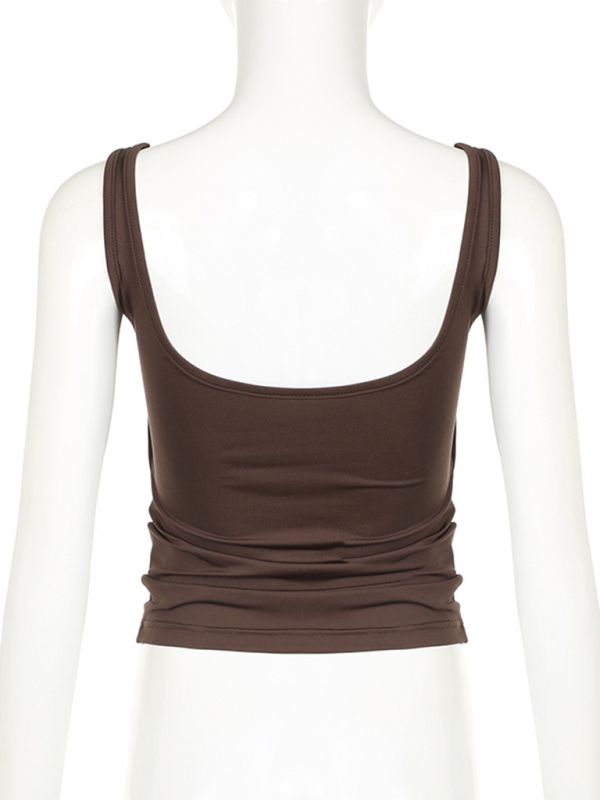 Solid Color Pleated Design Square Neck Versatile Simple Camisole