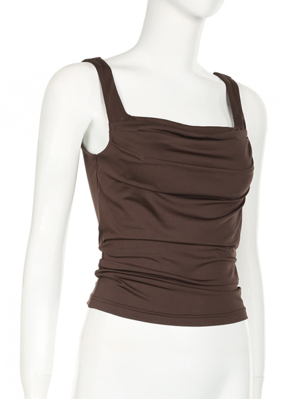 Solid Color Pleated Design Square Neck Versatile Simple Camisole