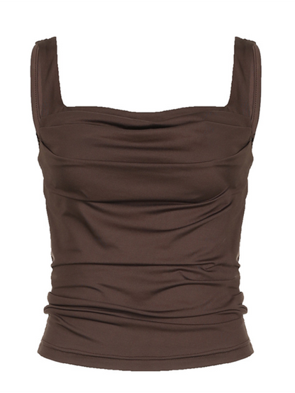 Solid Color Pleated Design Square Neck Versatile Simple Camisole