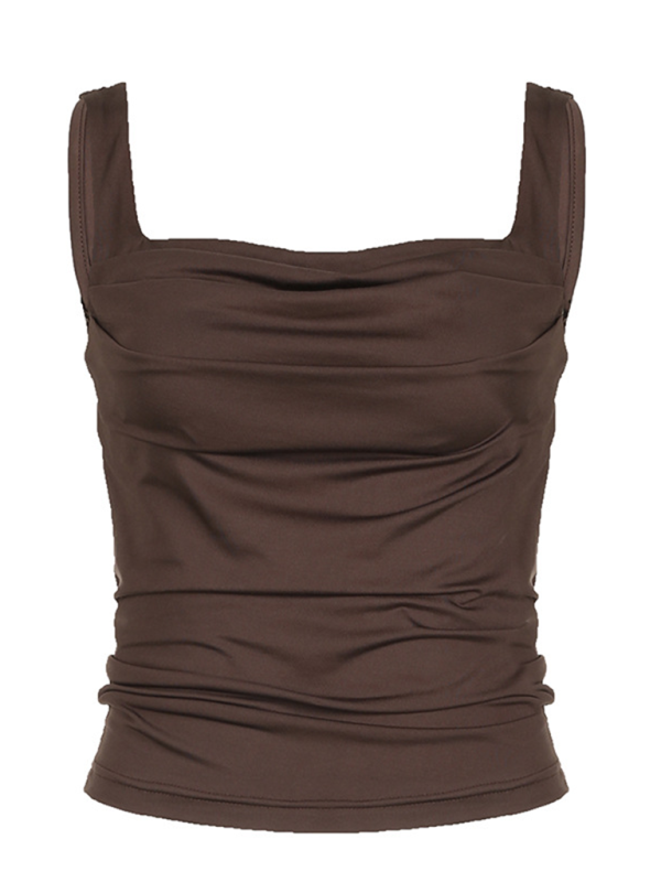 Solid Color Pleated Design Square Neck Versatile Simple Camisole