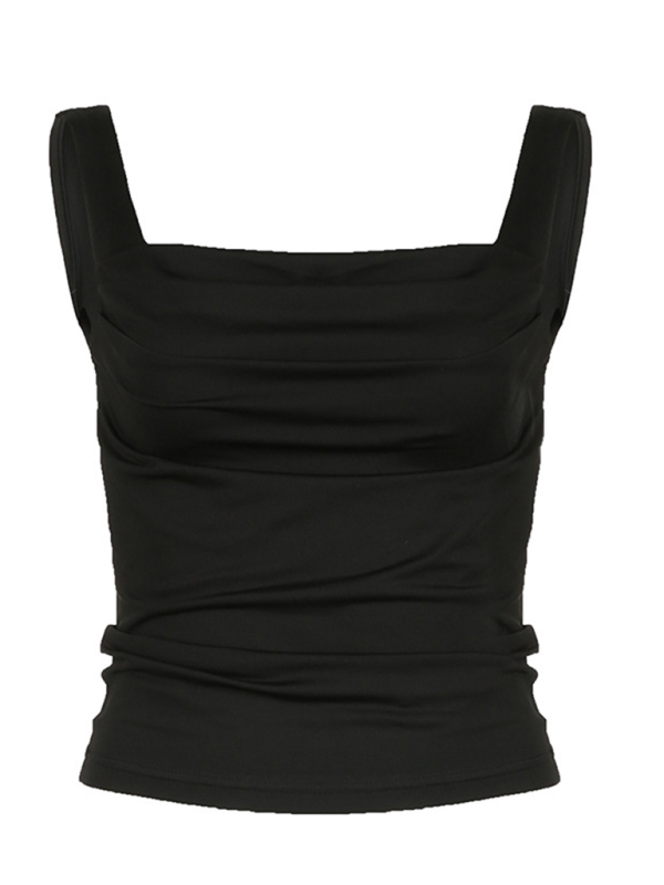 Solid Color Pleated Design Square Neck Versatile Simple Camisole