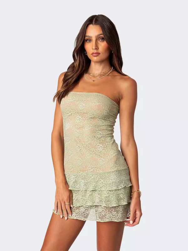 Sexy Tube Top Lace Ruffled Mini Party Dress