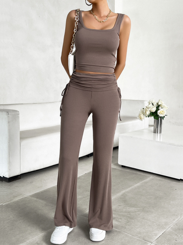 Casual Solid Color Slim Fit Tank Top & SIde Tie Pant Set