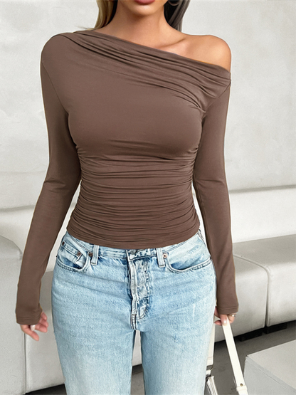 Casual Slim Fit Solid Color Oblique Collar Pullover Top