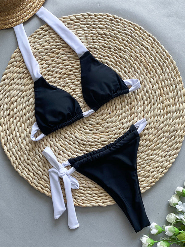 Halter Neck Color Matching Black & White Triangle Cup Bikini Swimsuit