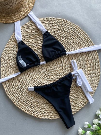 Halter Neck Color Matching Black & White Triangle Cup Bikini Swimsuit