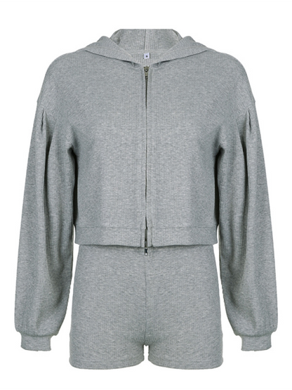 Zippered Hooded Cardigan Sweatshirt V-neck Triangle Bra Top & High Waist Shorts