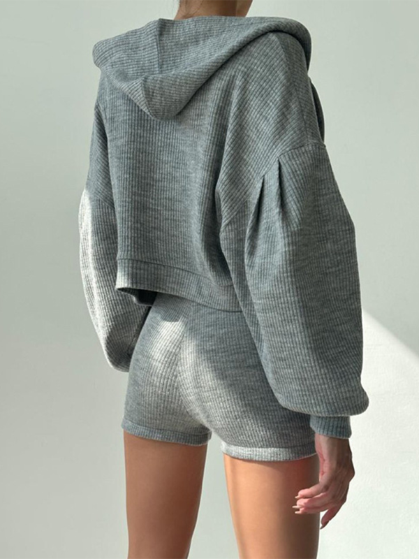 Zippered Hooded Cardigan Sweatshirt V-neck Triangle Bra Top & High Waist Shorts