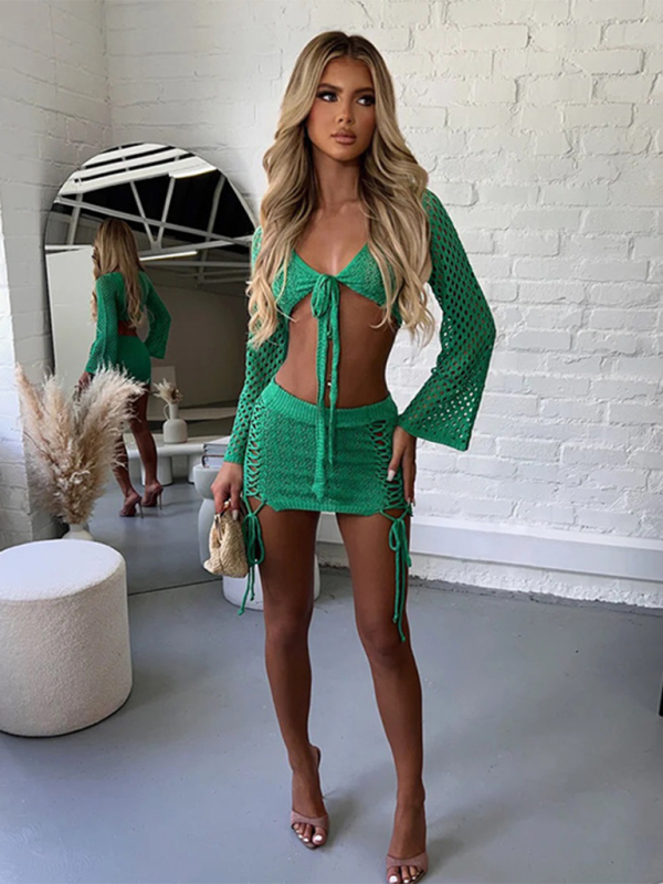 Solid Color Knitted Tie Crop Top & Mini Skirt Set