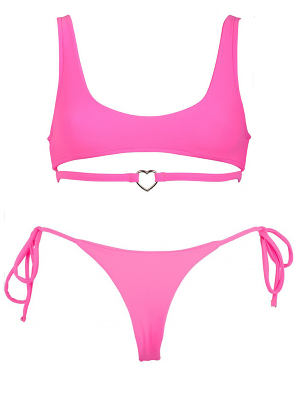 Solid Color Love Ring String Bikini Swimsuit